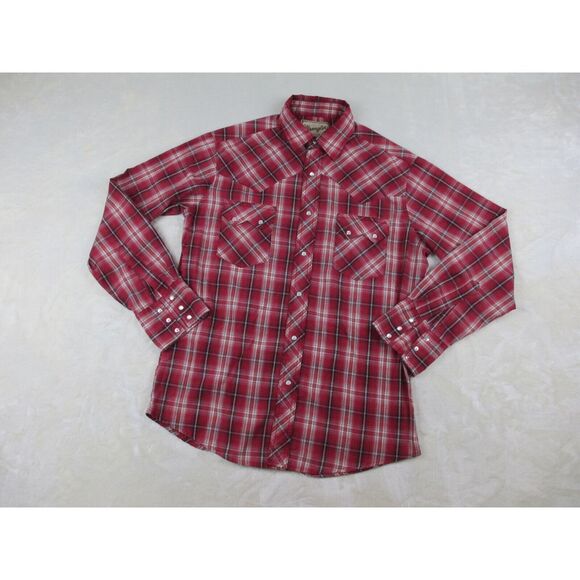 Wrangler Shirt Mens Medium Red Button Up Pearl Snap‎ Sawtooth Cowboy Western - Picture 2 of 9